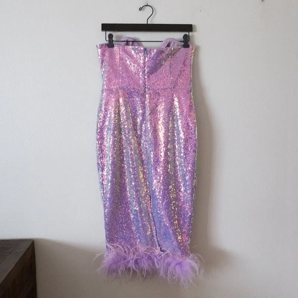 Lavish Alice Women's Purple Sequin Strapless Feather Trim Dress - Picture 5 of 6